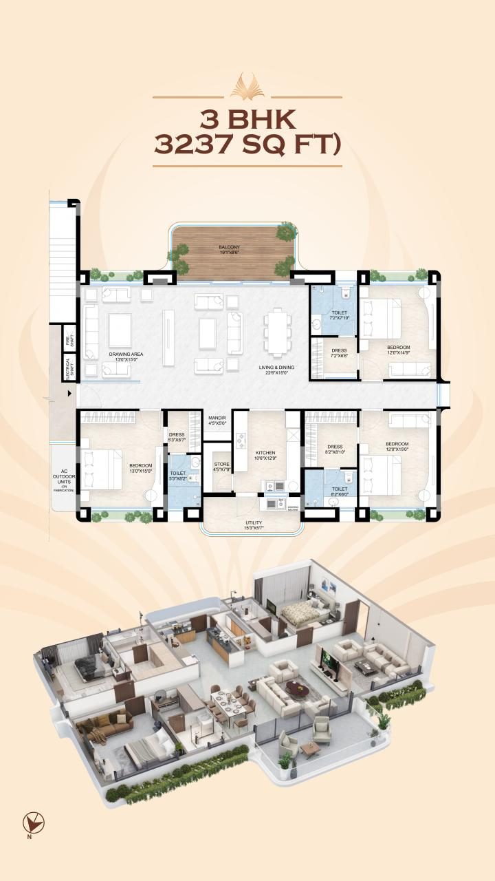 3 BHK 3237 sq ft floor plan